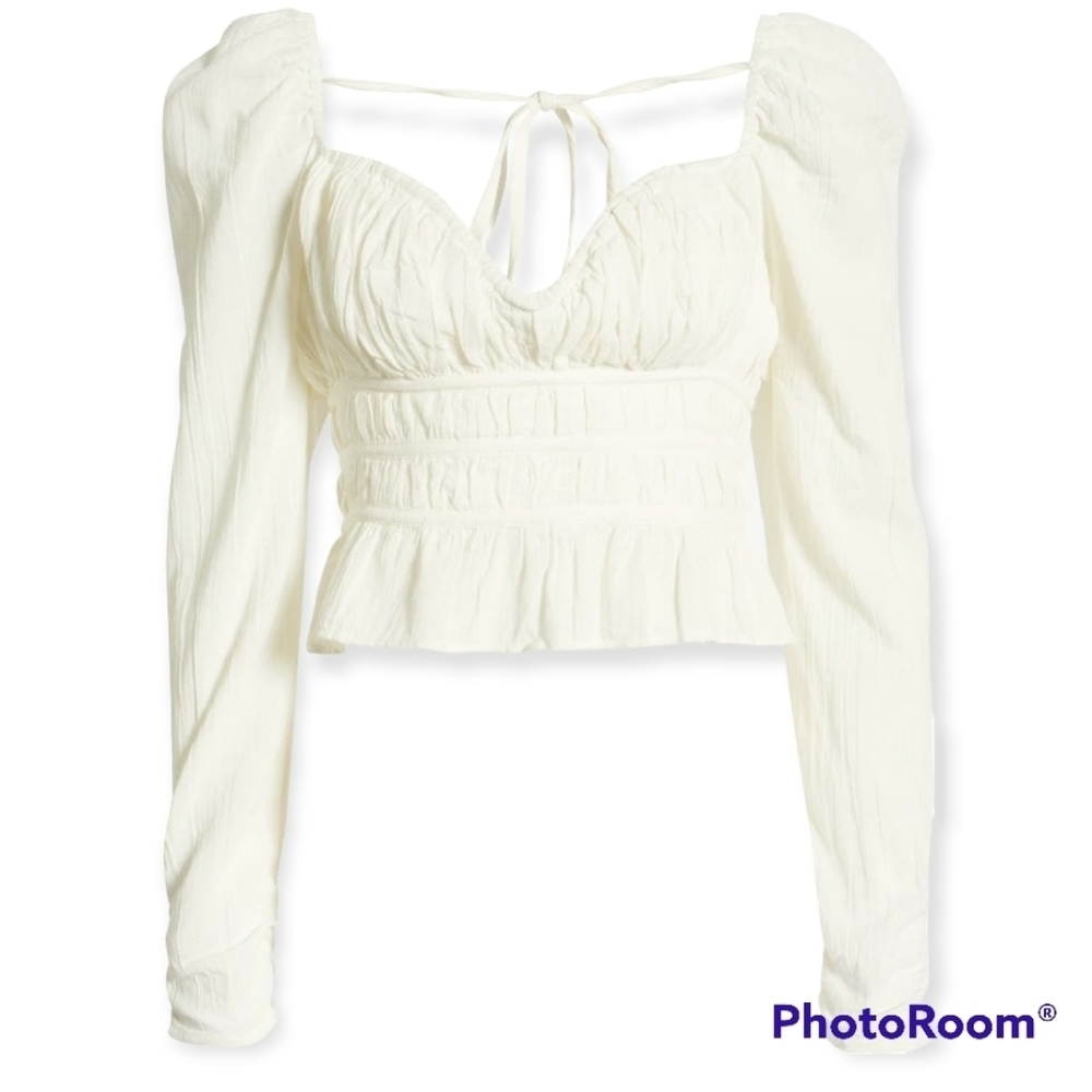 NWT Free People Chloe White Smocked Tie Neck Puff Sleeve Top M - Picture 4 of 16